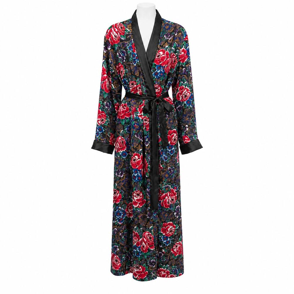 Vandemere Vintage Old Hollywood Floral Silky Satin Robe Belted Womens Long Med